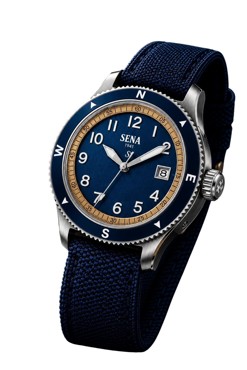 SENA Warisan 3-Hands Date , Blue — Full watch