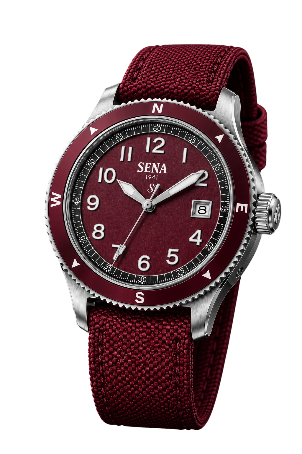 SENA Warisan 3-Hands Date , Burgundy — Full watch