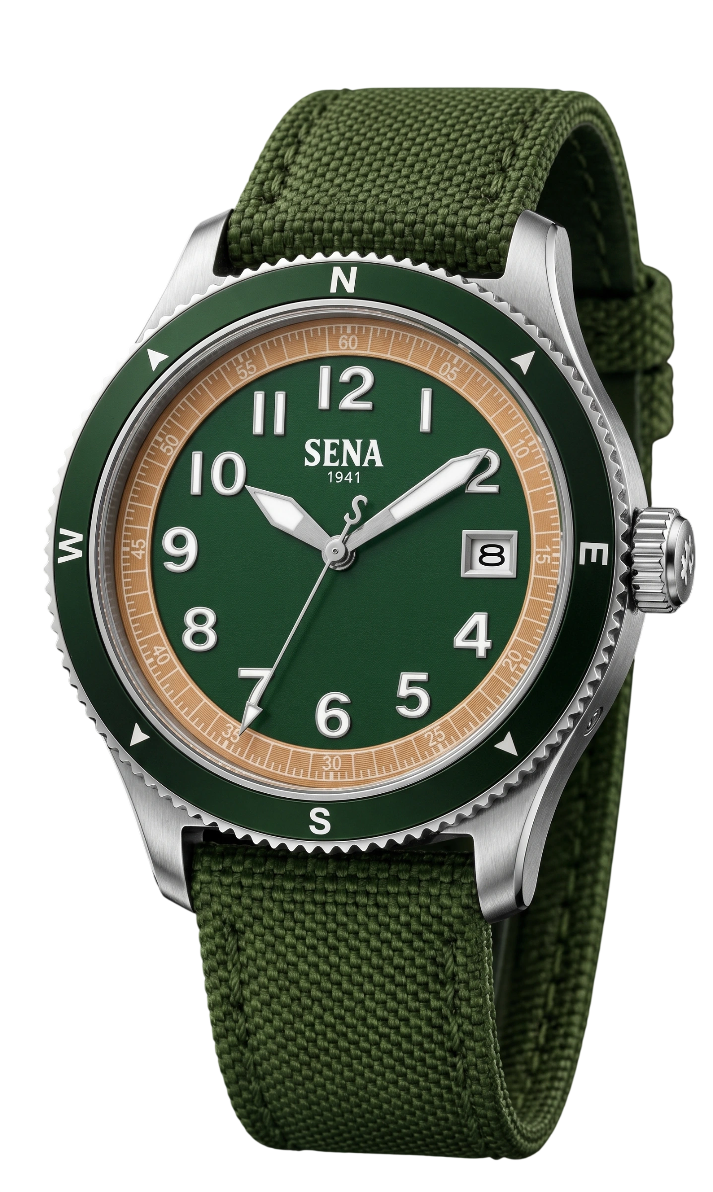 SENA Warisan 3-Hands Date , Green — Full watch